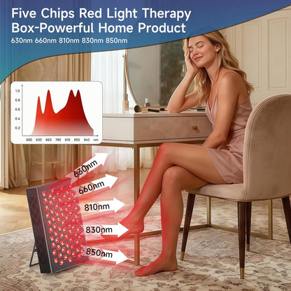 Red Light Therapy Box, 5In1 LED with 630-660-810-830-850, Metal Case, 3 Modes Red Light Panel with Soft Belt, 6 Timing Set - 9 Pulse Modes - 4-Level - Red Light Therapy Panel for Body