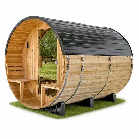 Backyard Discovery Paxton 4-6 Person Traditional Cedar Outdoor Barrel Sauna with Electric Sauna Heater, Front Porch, Sauna Rocks, Dry Heat, Steam Sauna, LED Lights, Wi-Fi Panel, Sauna Accessories