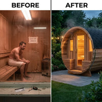 6-Person Barrel Sauna Crafted for Traditional Steam, Patchwork Red Cedar, 158°F Max, Indoor/Outdoor — Before & After