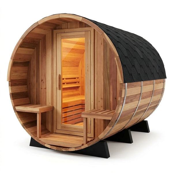 6-Person Barrel Sauna Crafted for Traditional Steam, Patchwork Red Cedar, 158°F Max, Indoor/Outdoor — Studio Shot