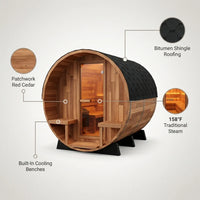 6-Person Barrel Sauna Crafted for Traditional Steam, Patchwork Red Cedar, 158°F Max, Indoor/Outdoor — infographic