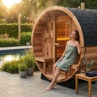 6-Person Barrel Sauna Crafted for Traditional Steam, Patchwork Red Cedar, 158°F Max, Indoor/Outdoor — Lifestyle