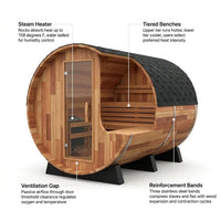 6-Person Barrel Sauna Crafted for Traditional Steam, Patchwork Red Cedar, 158°F Max, Indoor/Outdoor — How It Works
