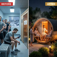 6-Person Patchworkred Cedar Traditional Steam Barrel Sauna — Before & After